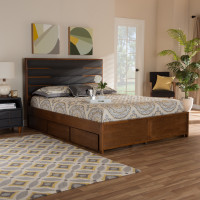 Baxton Studio MG4710-Dark Grey/Ash Walnut-King Elin Modern and Contemporary Dark Grey Fabric Upholstered Walnut Finished Wood King Size Platform Storage Bed with Six Drawers